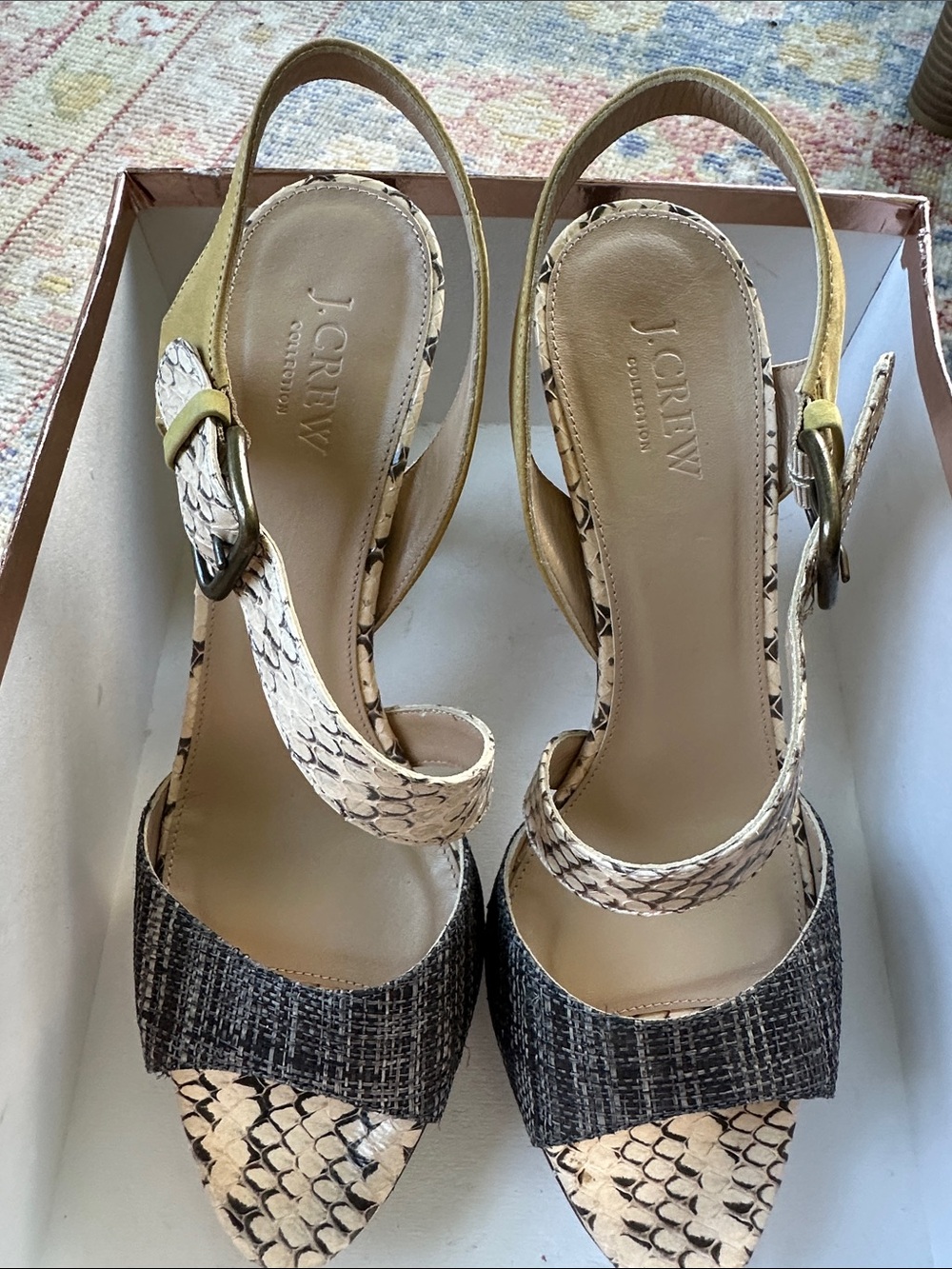 J. Crew Collection Neutral Snake-Print and Black Textured Slingback Heels